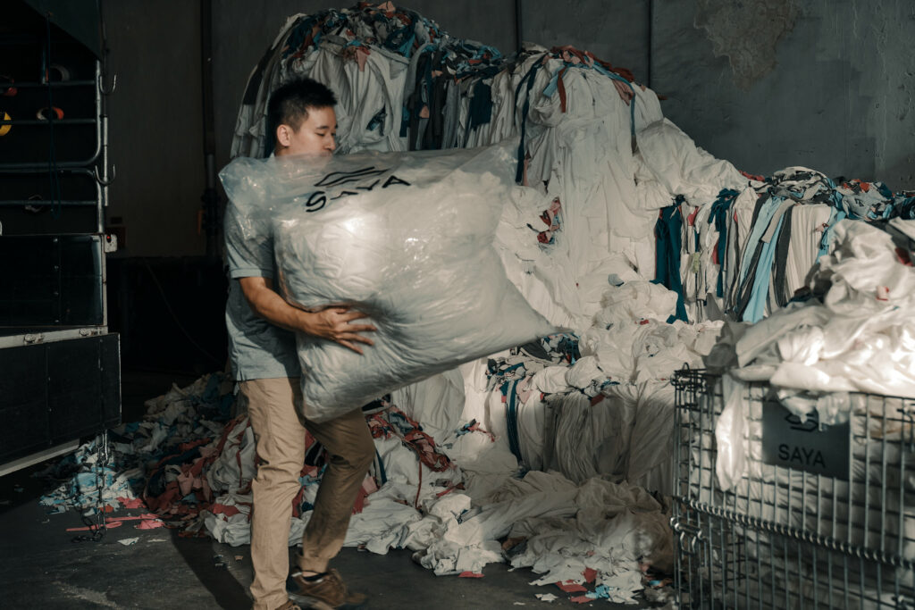 Fabric scrap being prepared for recycling 