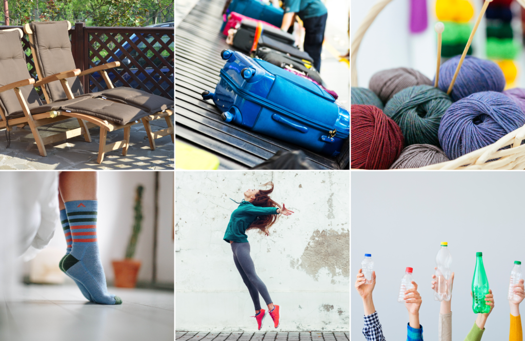 Some of polyester's most common uses: Upholstery fabric, luggage, thread and yarn, hosiery, sportswear, food and beverage containers 