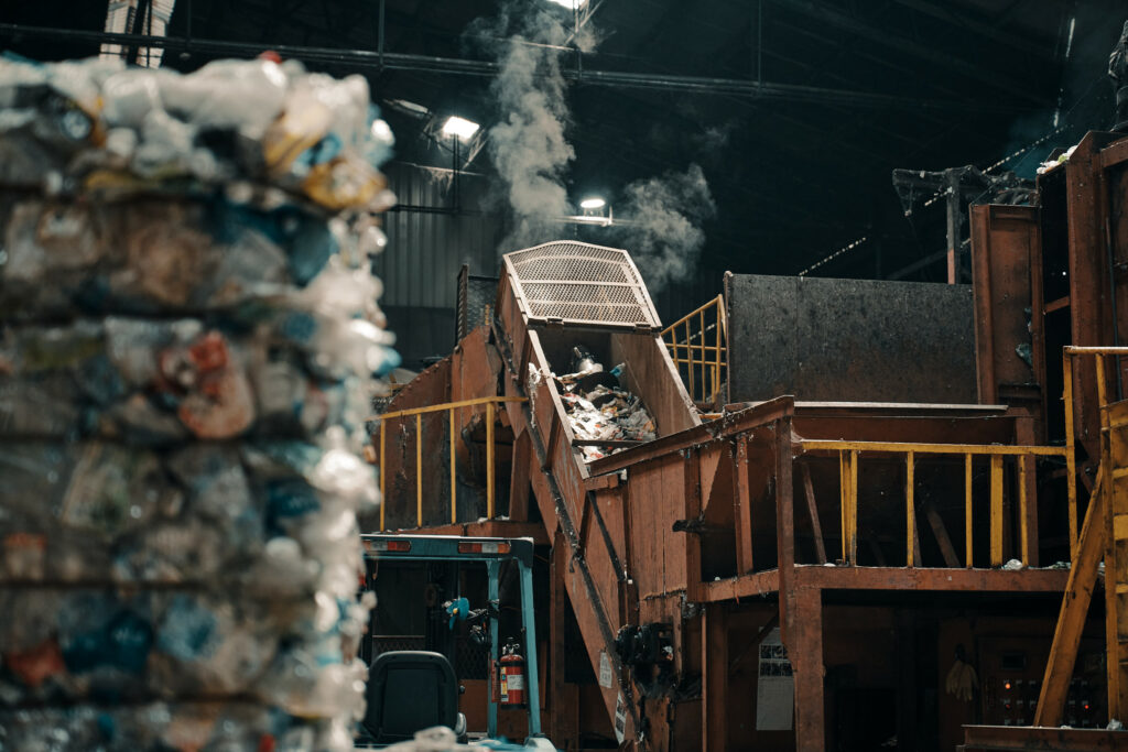 Plastic recycling center preparing plastic for textile recycling companies 